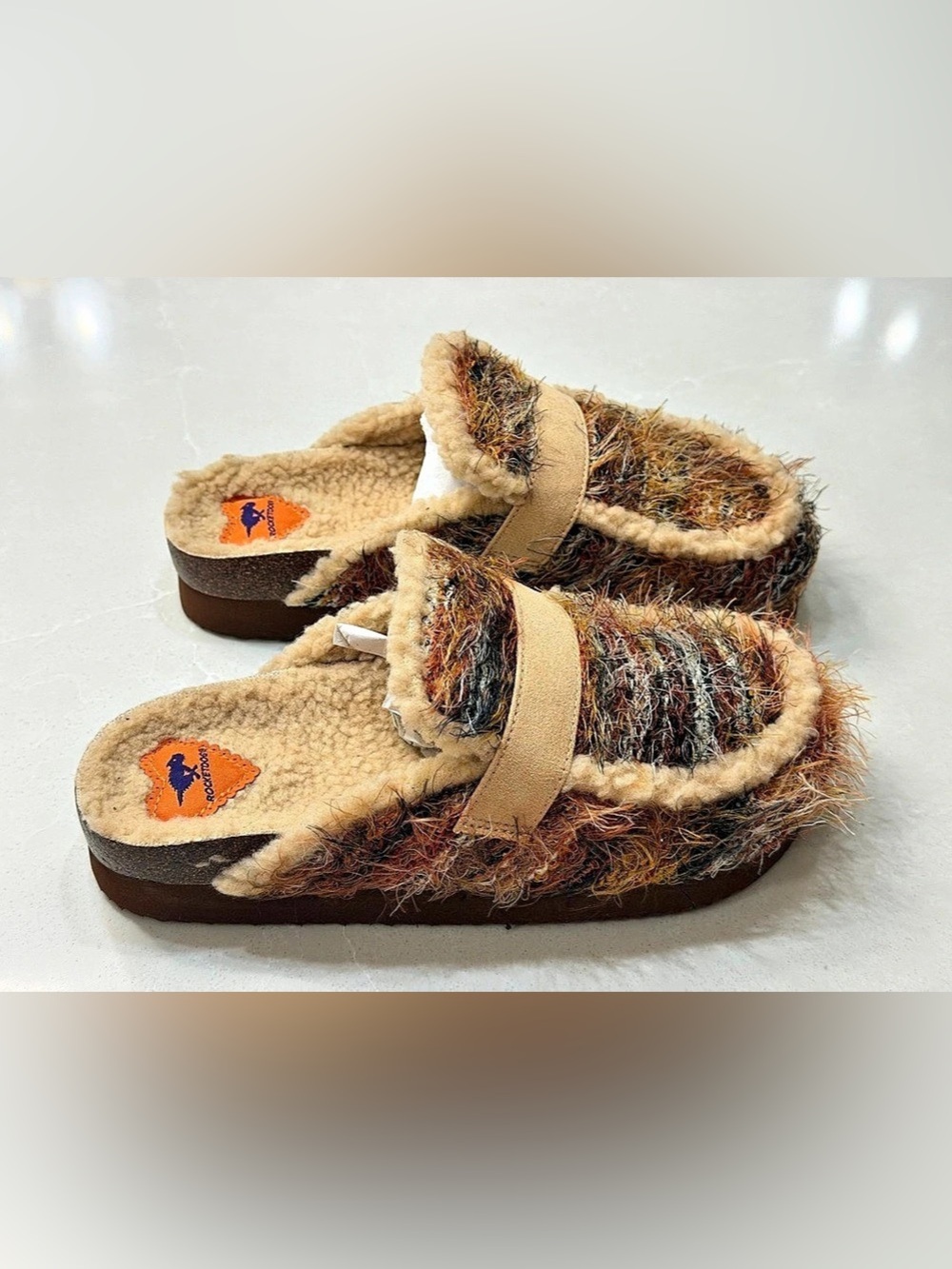 New Rocket Dog Arctic Brown Multi Shaggy Muplet Fabric Faux Shearling Clogs 7.5